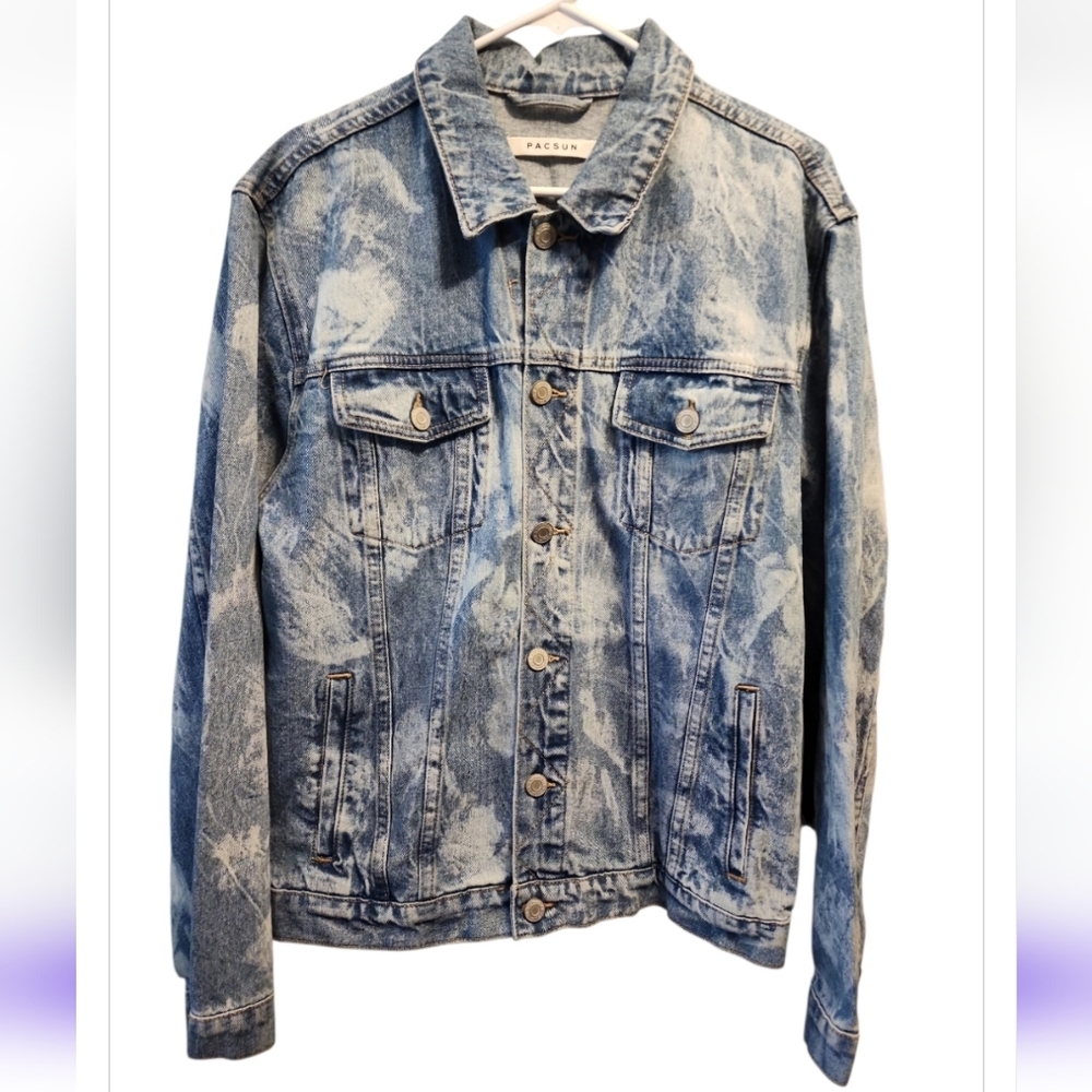 Pacsun Denim Trucker Jacket Mens Large Blue Jean Acid Wash Button Front Pockets